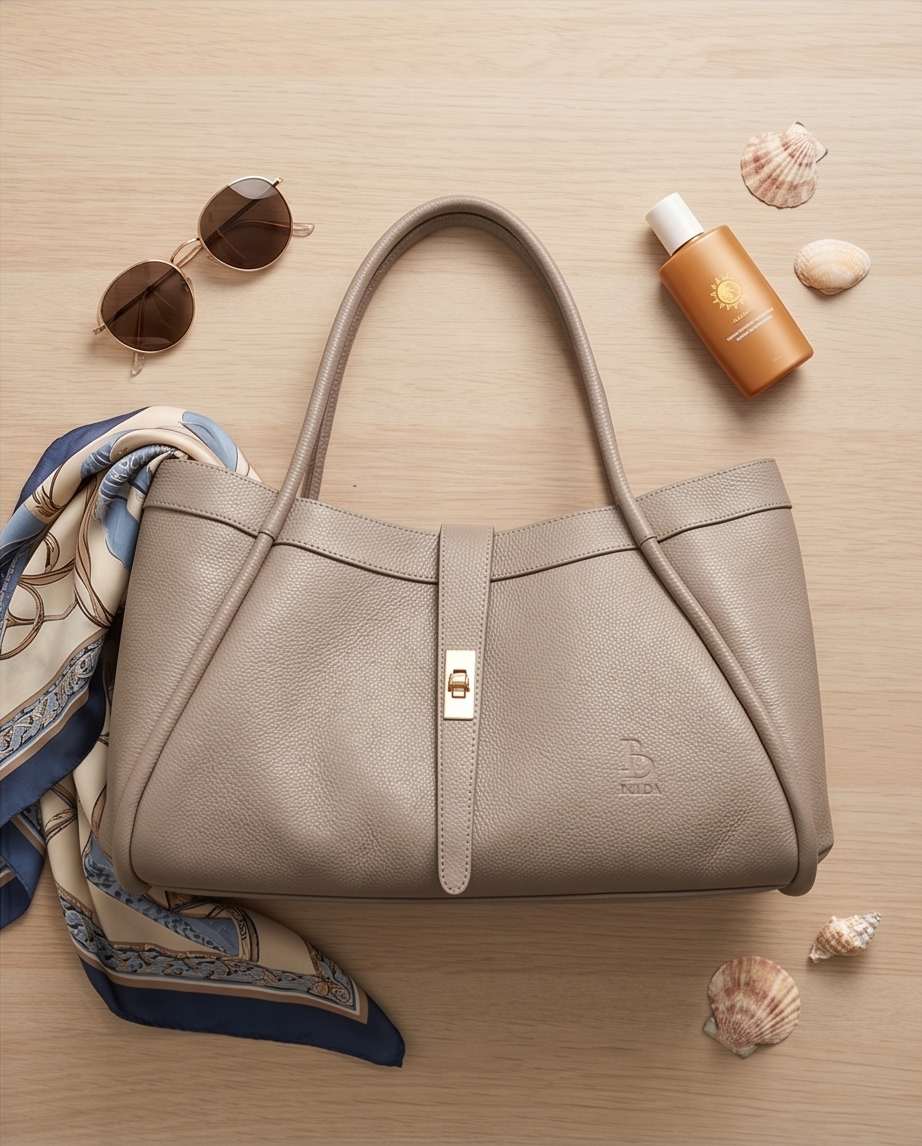 Top view of a beige BULDA handbag surrounded by sunglasses, a silk scarf, and sea shells on a light wooden surface.