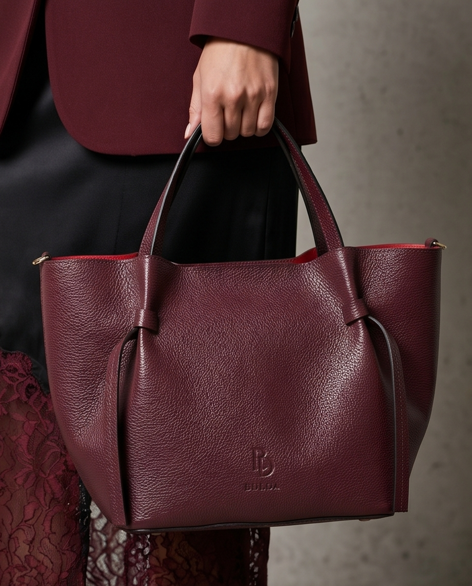  Detailed side view of the burgundy leather tote bag showing the knotted strap design.