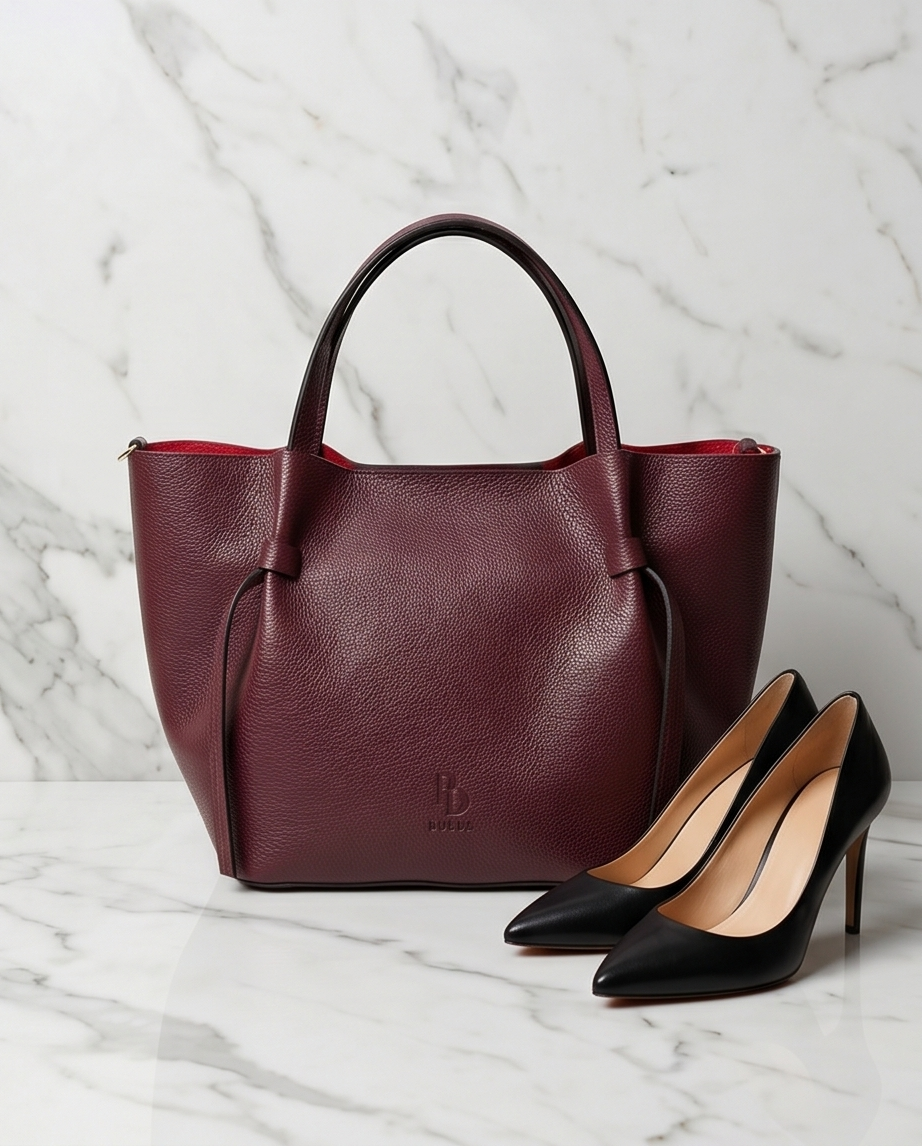 Still life of a burgundy Bulda tote bag and black leather high heels on marble.