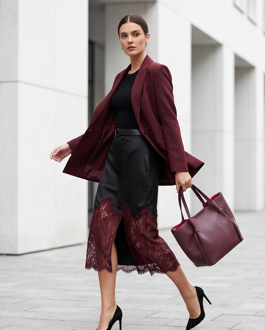 Full-length lifestyle shot of the burgundy tote bag being carried in an urban setting.