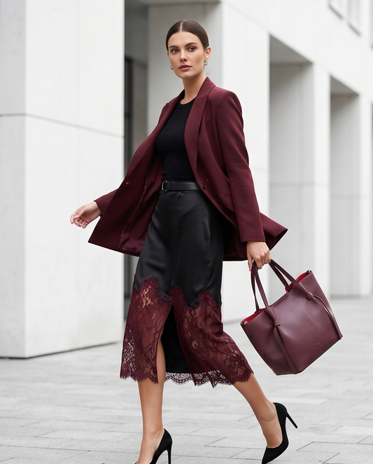 Full-length lifestyle shot of the burgundy tote bag being carried in an urban setting.