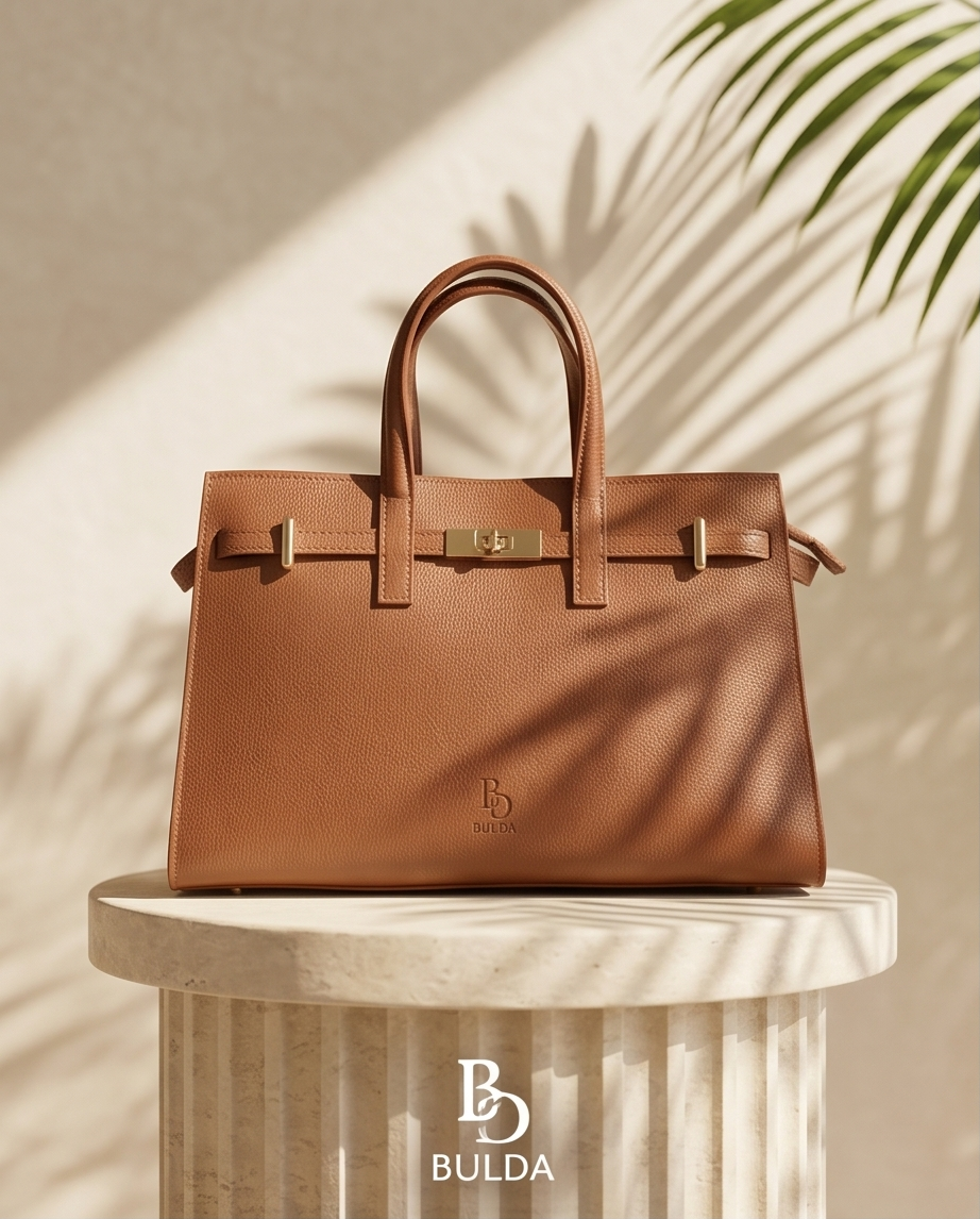 Structured brown leather handbag displayed on a pedestal under natural sunlight.
