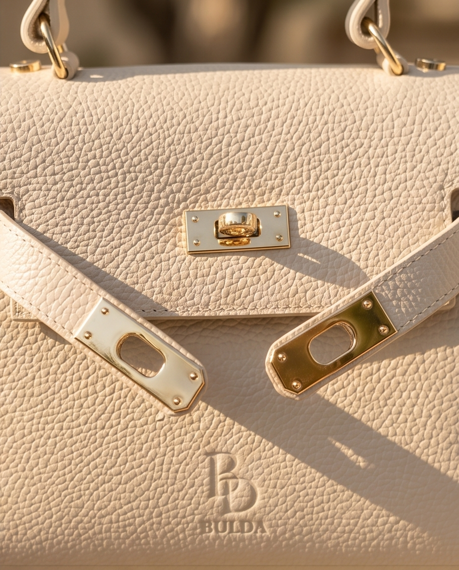 Detailed view of cream Italian leather craftsmanship and golden buckle on a Bulda luxury bag.