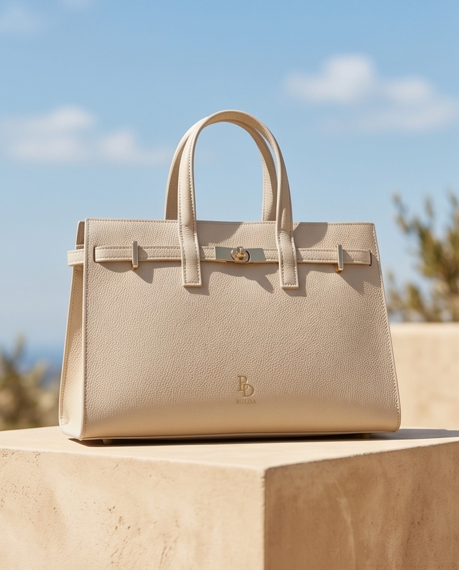 Front-facing view of the cream leather structured bag with gold logo and hardware.