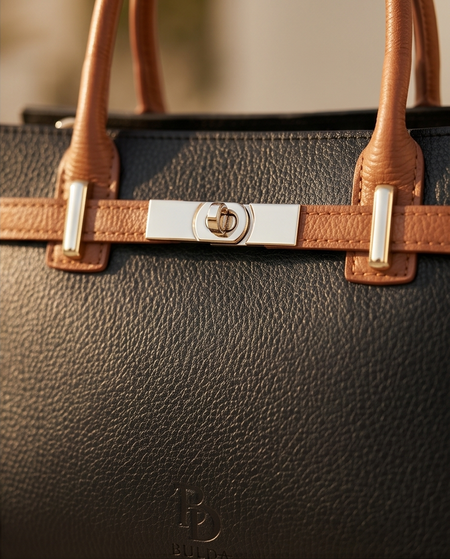 Close-up macro shot of leather grain and silver clasp on a luxury handbag.