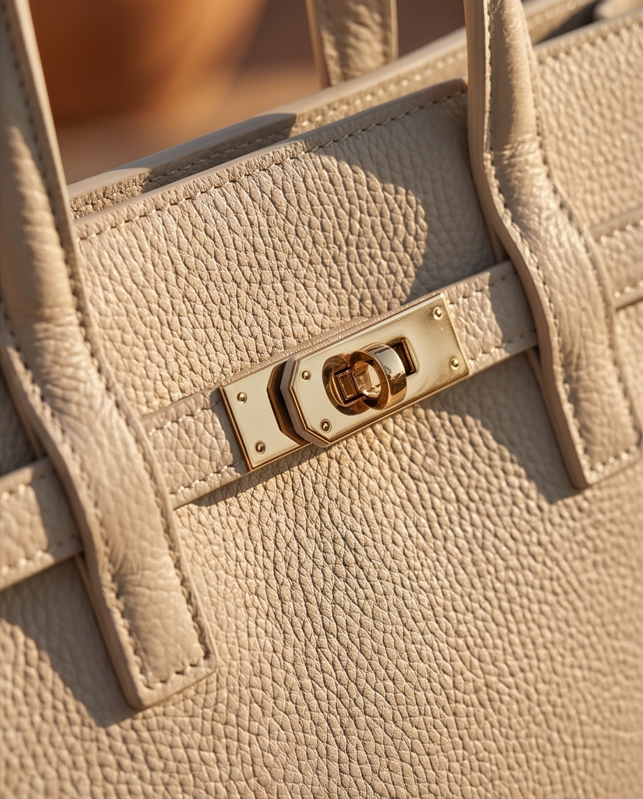 Close-up macro shot of the pebbled leather texture and gold buckle on a Bulda handbag.