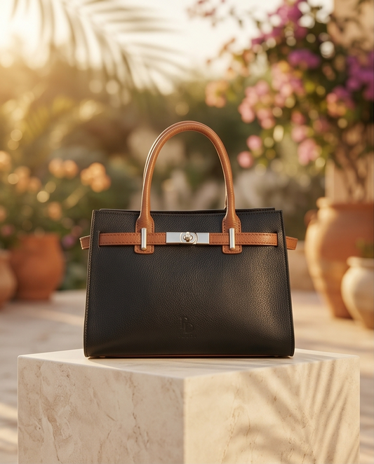 Front view of black and tan leather handbag on a marble block outdoor setting.