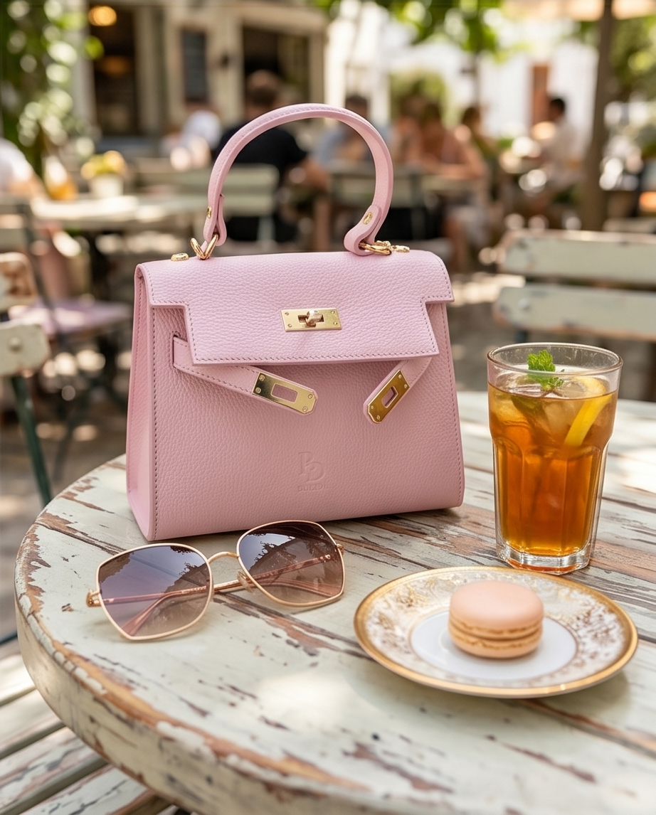 Powder pink leather bag on a cafe table surrounded by flowers and a silk scarf, romantic European aesthetic.