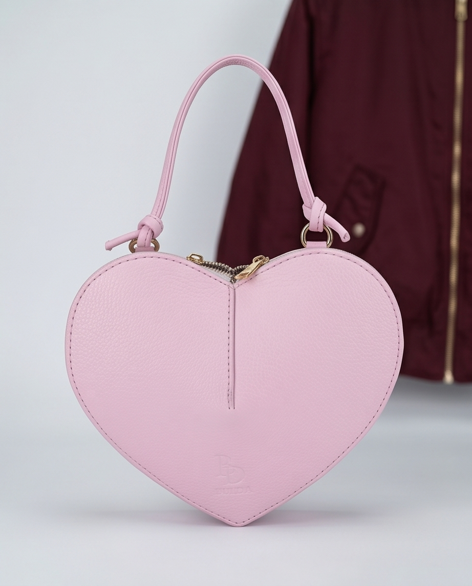 Isolated view of the pink heart-shaped leather bag with top handle.
