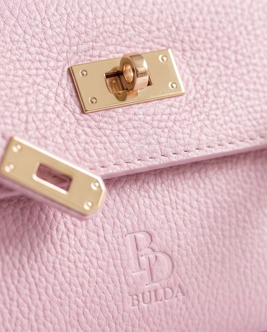 Macro shot of the embossed Bulda logo and gold hardware on pink grained leather.