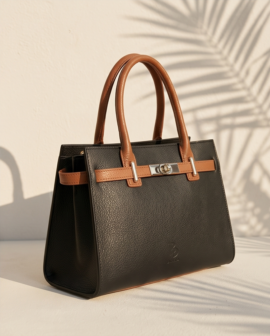 Side profile of structured leather tote bag showing depth and construction.