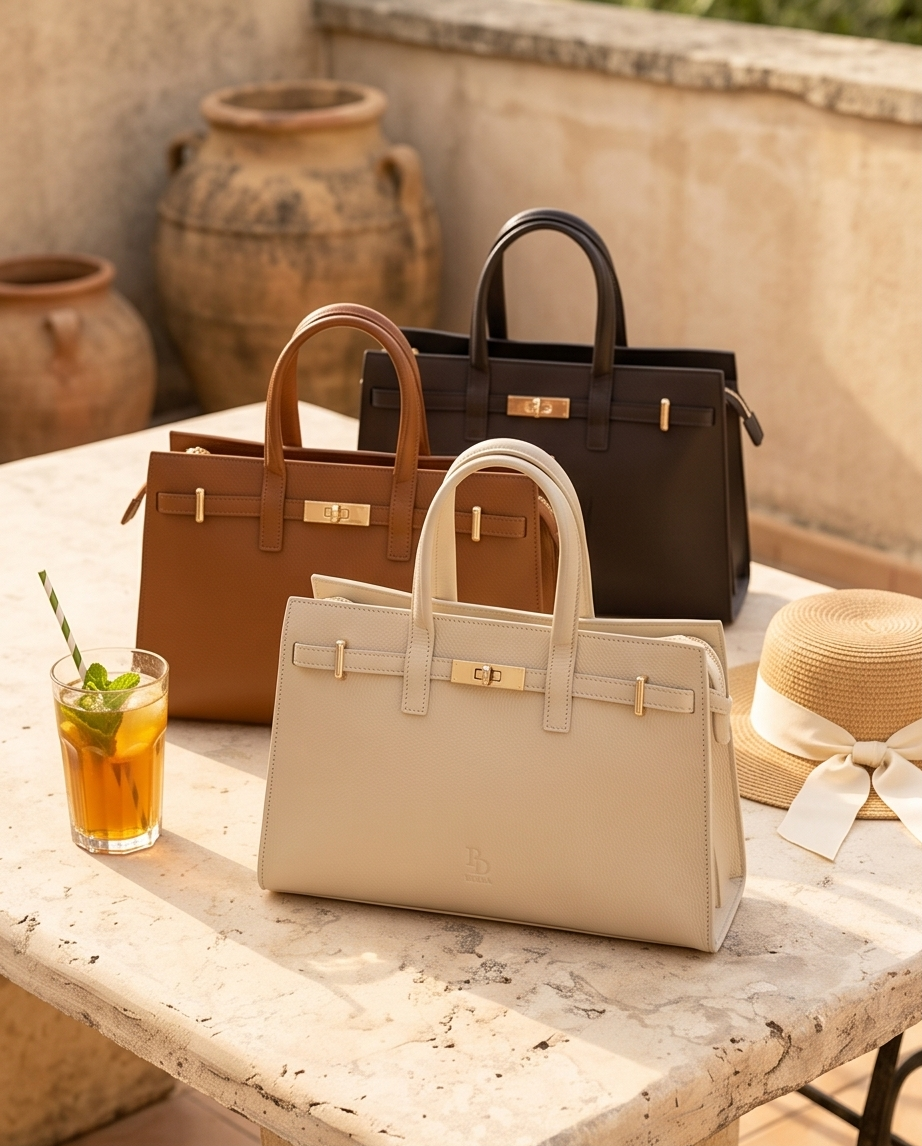 Group shot of three leather tote bags in cream, tan, and dark brown on a Mediterranean terrace.