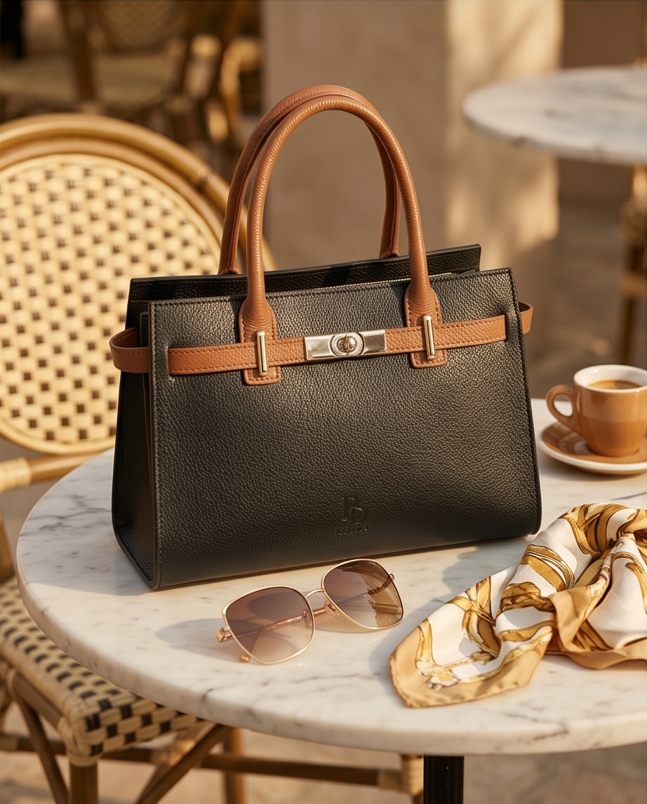 Luxury handbag on a cafe table with espresso and sunglasses.