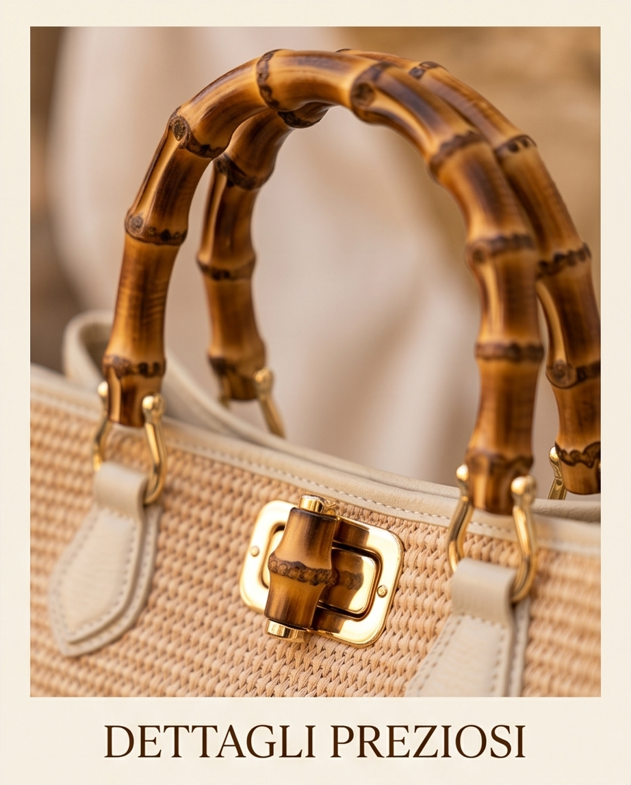 Close-up of a bamboo clasp on a straw bag
