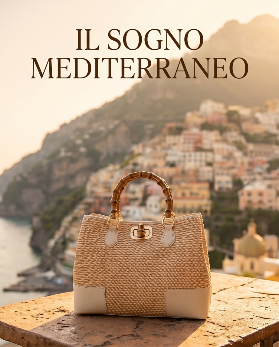 Light and airy Tuscan leather and straw summer handbag with bamboo handle, presented against the Amalfi Coast background (Positano). Mediterranean dream aesthetic.
