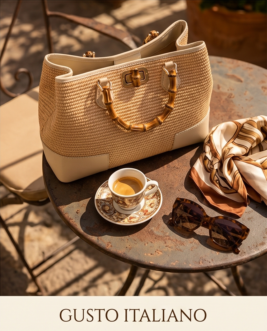 Top view of a Bueda straw and cream leather tote bag on a rustic metal cafe table in Italy, alongside a traditional patterned espresso cup, tortoiseshell sunglasses, and a folded patterned silk scarf, featuring the text "GUSTO ITALIANO" below.