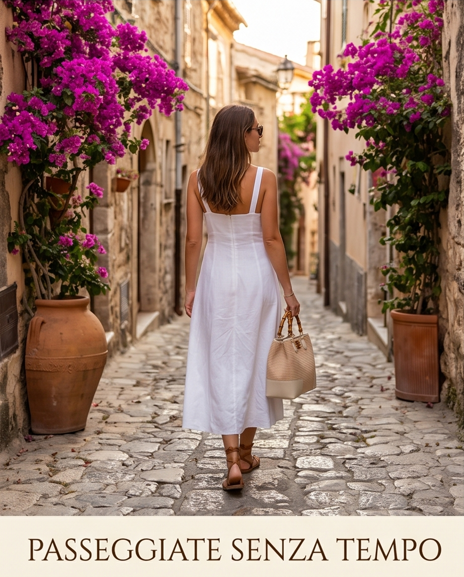 A woman from the back, wearing a chic white sun dress and sandals, carries a Bueda straw tote bag with cream leather trim and bamboo handles down a narrow, sun-drenched Italian cobblestone alleyway lined with blooming purple bougainvillea.