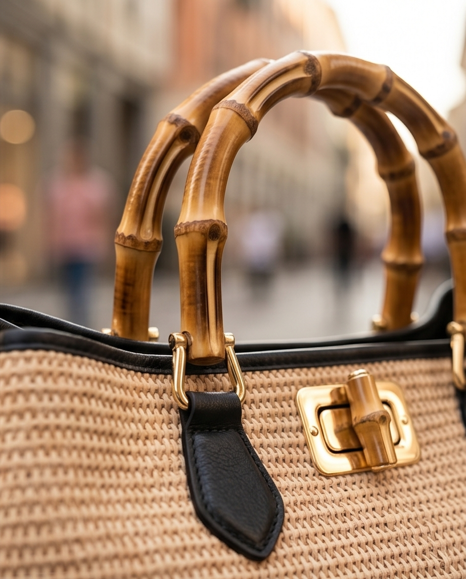 Close-up of a luxury straw handbag featuring handcrafted bamboo top handles, black leather trim, and a gold-tone twist-lock closure with bamboo detail.