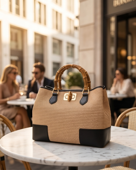 Elegant straw tote bag with bamboo top handles and black leather corners resting on a marble cafe table, with a blurred outdoor city background.