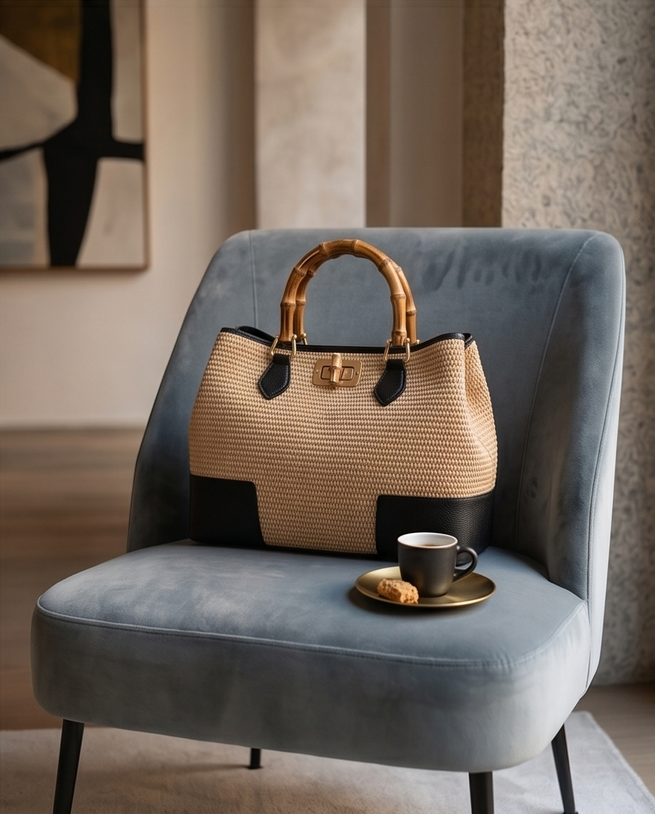 Luxury Tuscan handbag featuring natural straw weave, premium black Italian leather trim, and a hand-carved bamboo handle. Business chic style.